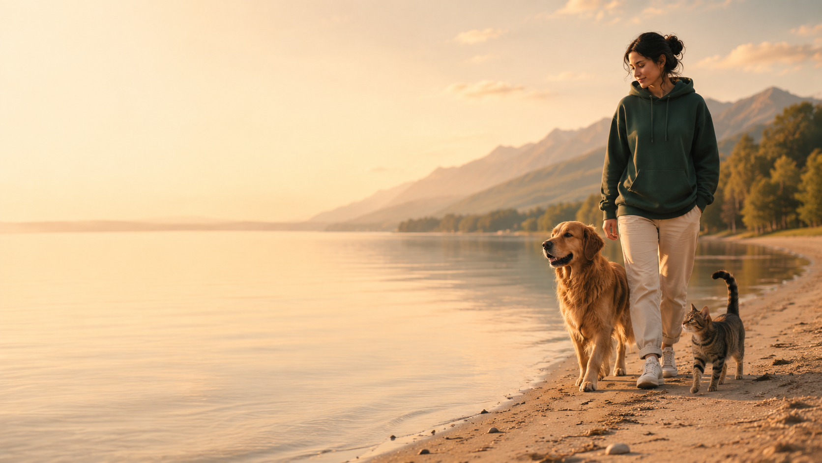 Woman and her golden retriever enjoying a calm lake at sunset
